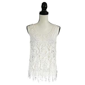 Paper + Tee White Floral Crochet Lace Knit Fringe Tank Top Summer Festival Large